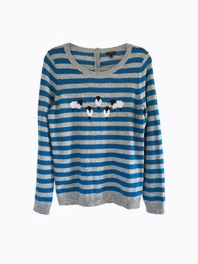 Sheep Striped Sweater LP Wool Blend Teal Gray Button Back Cottagecore Whimsical
